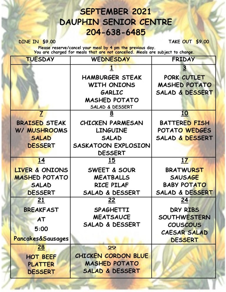 September Menu Senior Center